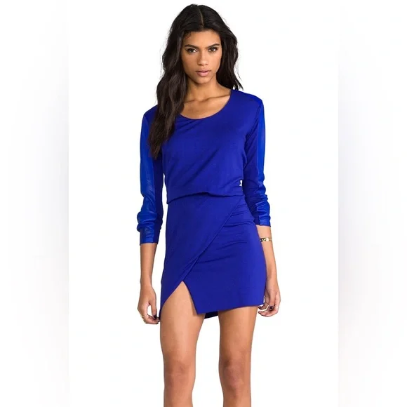 Mason Dresses | Michelle Mason Leather Sleeve Blue Slit Mini Silk Dress | Color: Blue | Size: S | Mariatafoya96'S Closet